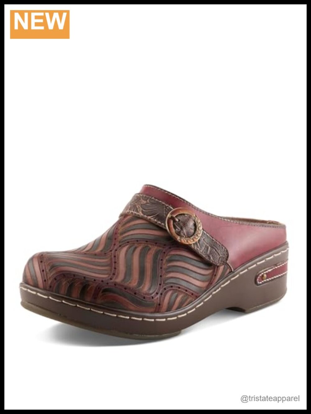 Hand-Painted Leather Clog with Buckle Strap and Microsuede Insole